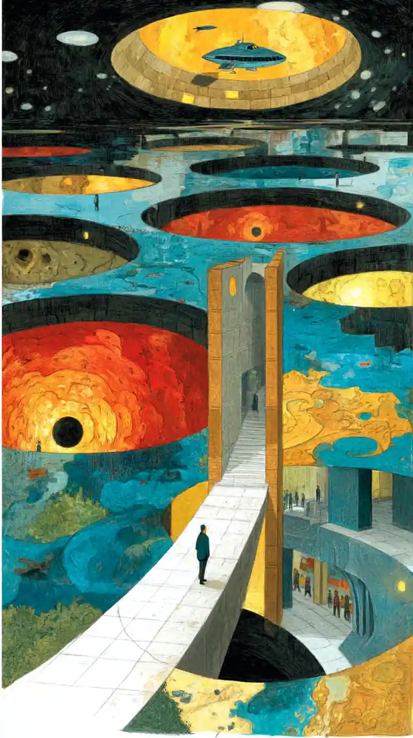 Surreal spaceship crossing dimensions in a distorted cosmic landscape