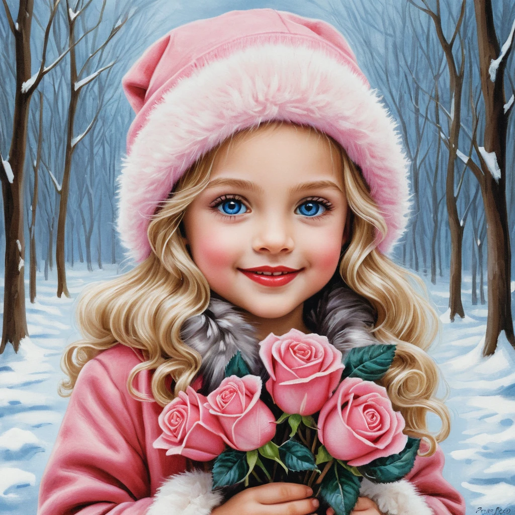 Smiling winter girl with roses in pink hat and fur coat
