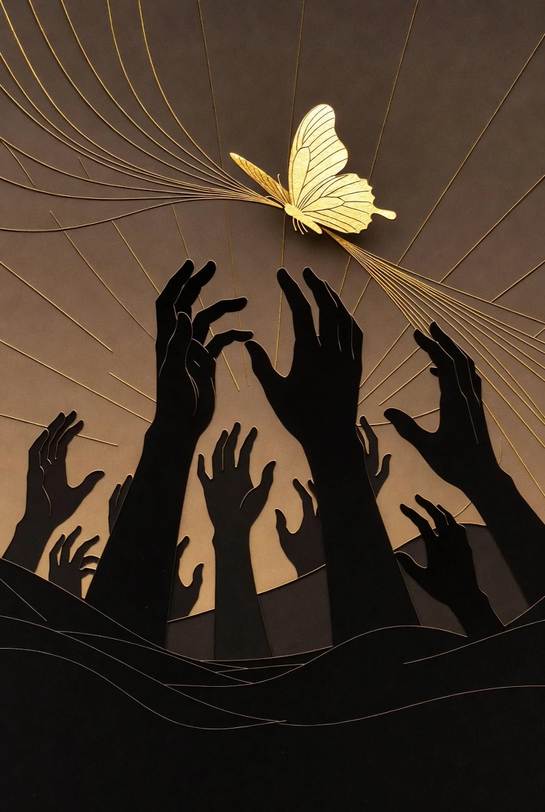 Golden butterfly above grasping hands in a dark abyss