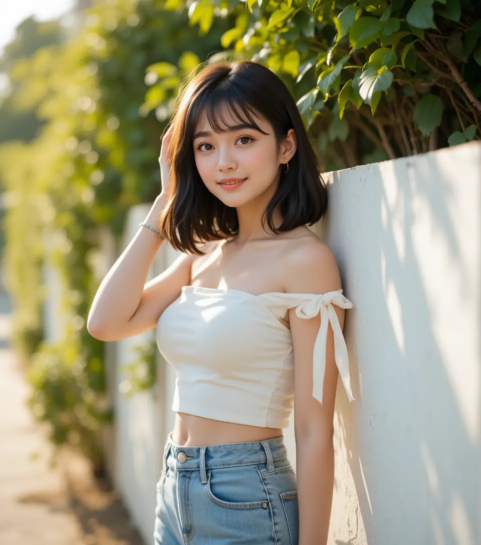 Young woman in white top leaning against sunlit wall