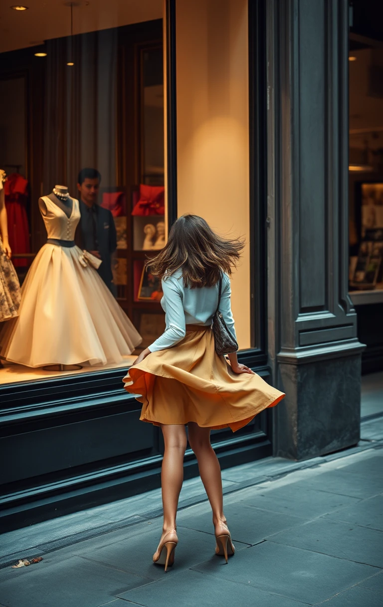 Woman on city street gazing into dress shop window