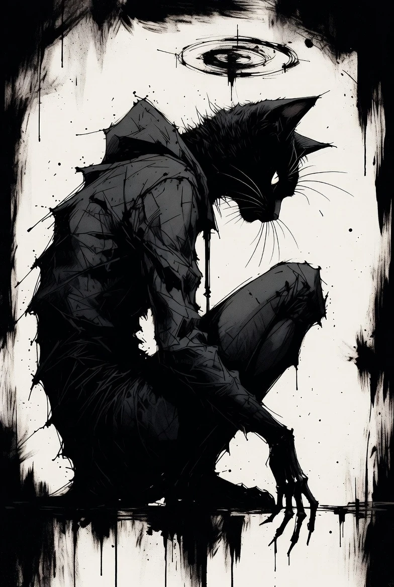 Gaunt black cat figure curled in a distorted seated pose