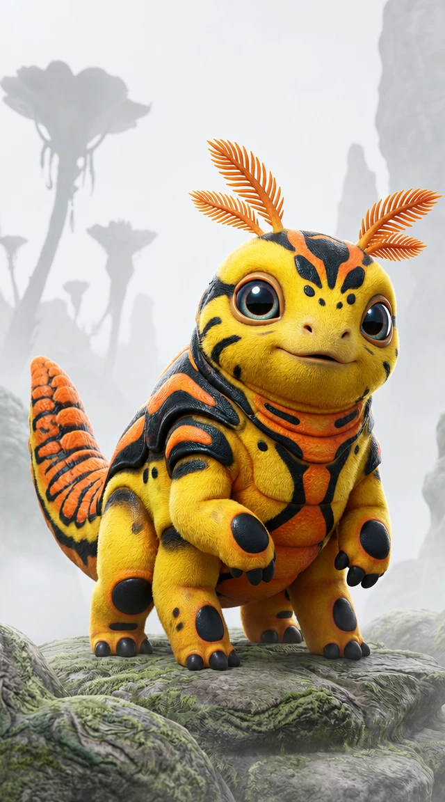 Adorable créature fantastique jaune en vue 3D vibrante en pied
