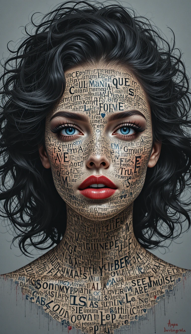 Portrait of a woman made from letters and numbers