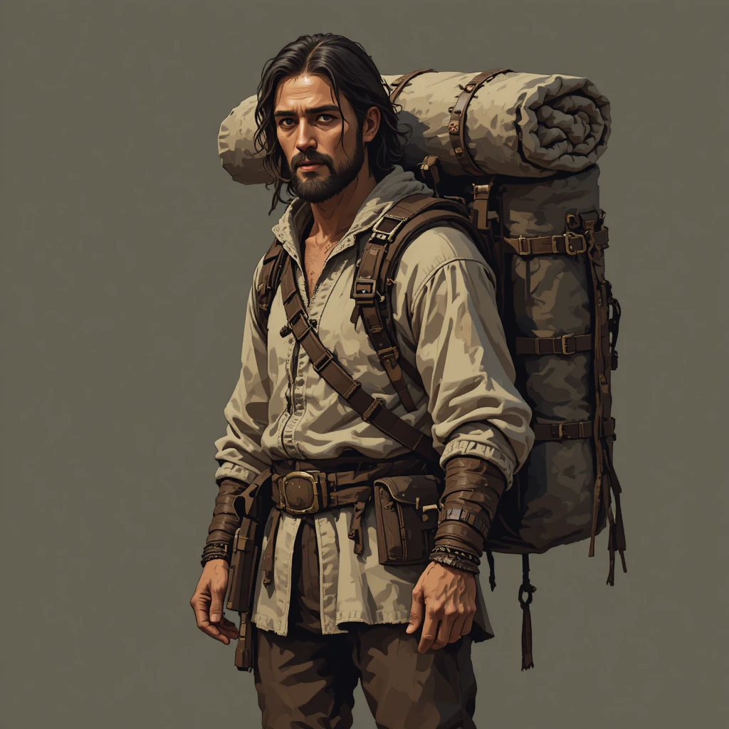 Medieval peasant traveler with pack in gritty pixel art