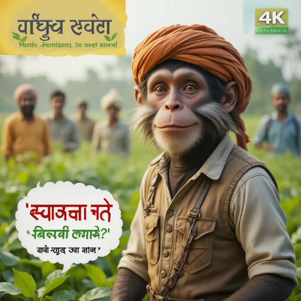 Indian monkey farmer in a green village field scene