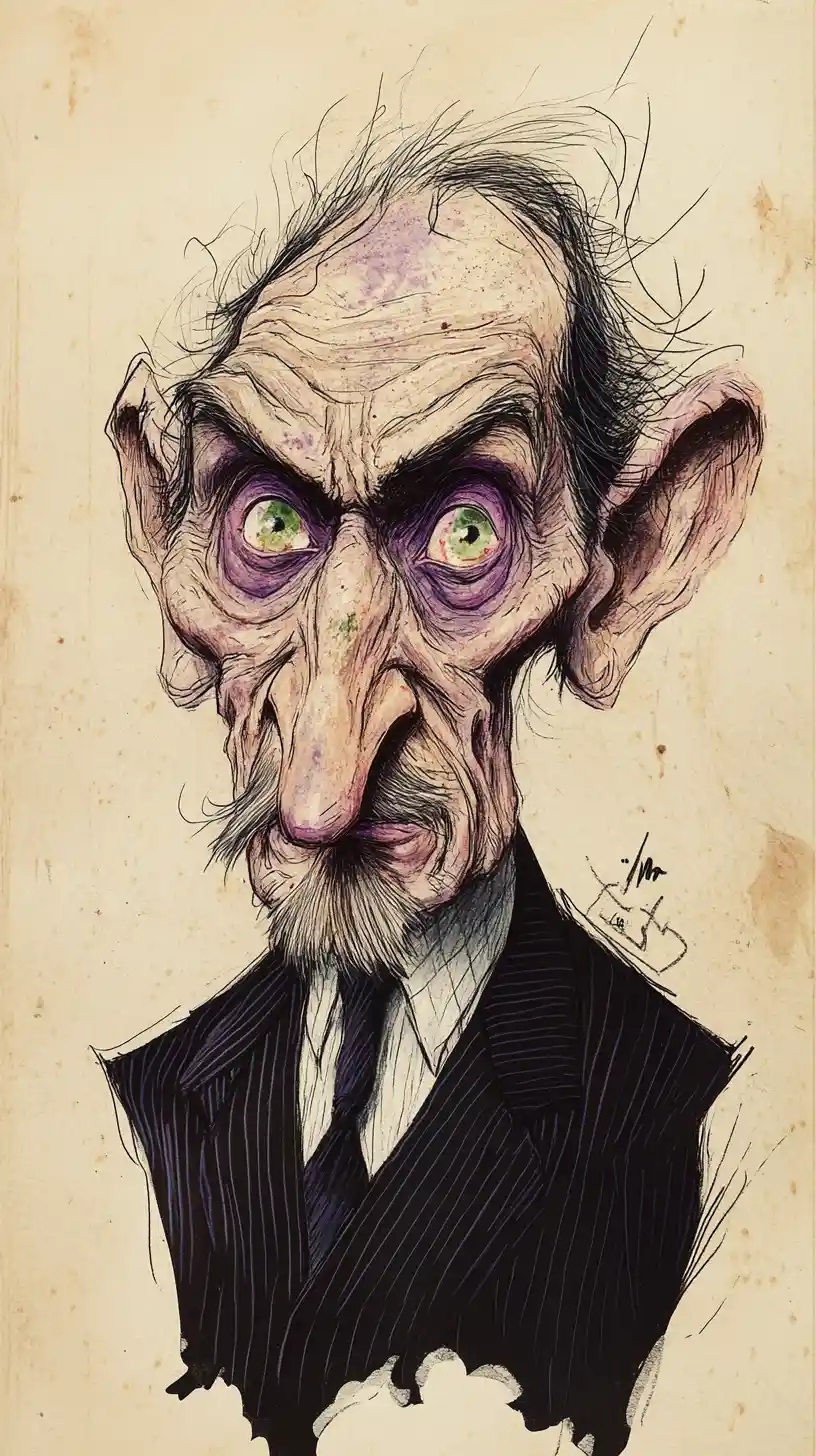 Caricature portrait of a gaunt elderly man in ink