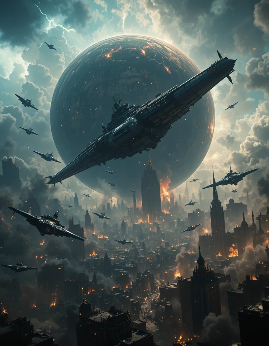 Colossal warships bombard a besieged planet from orbit