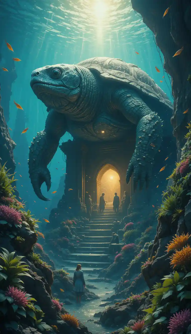 Majestic sea turtle gliding through glowing coral depths