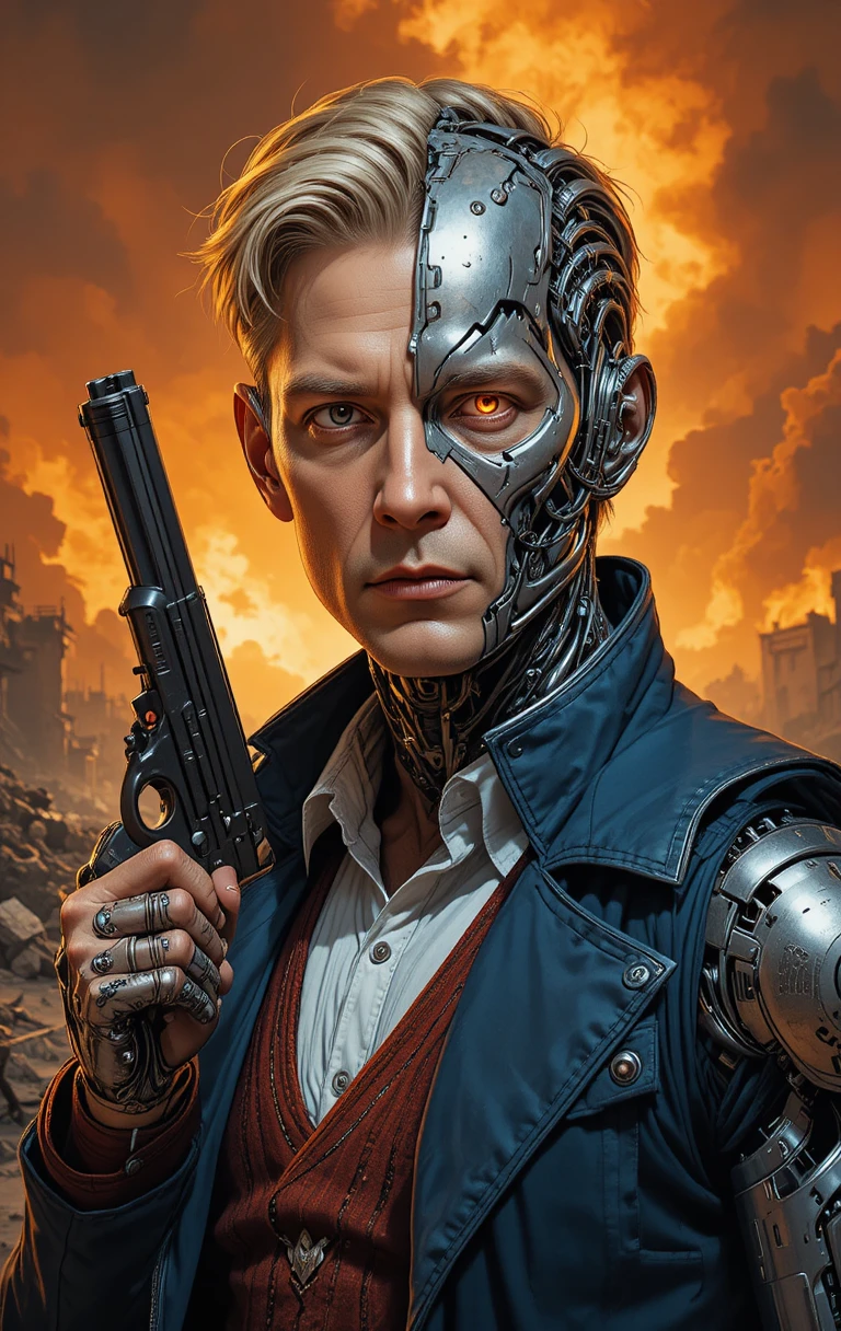Half human half cyborg leader in apocalyptic flames
