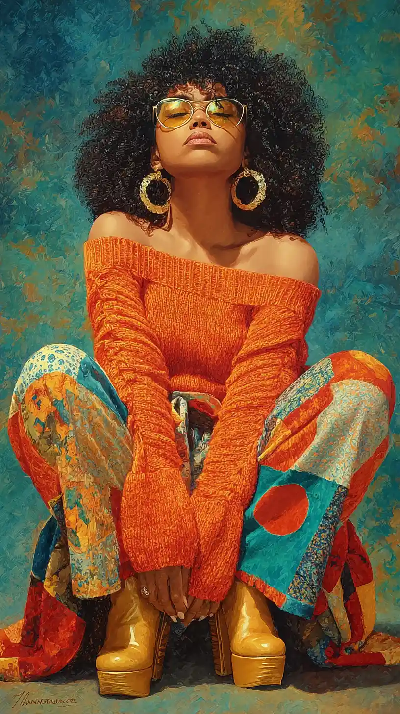 Squatting woman with afro hair in colorful patchwork outfit