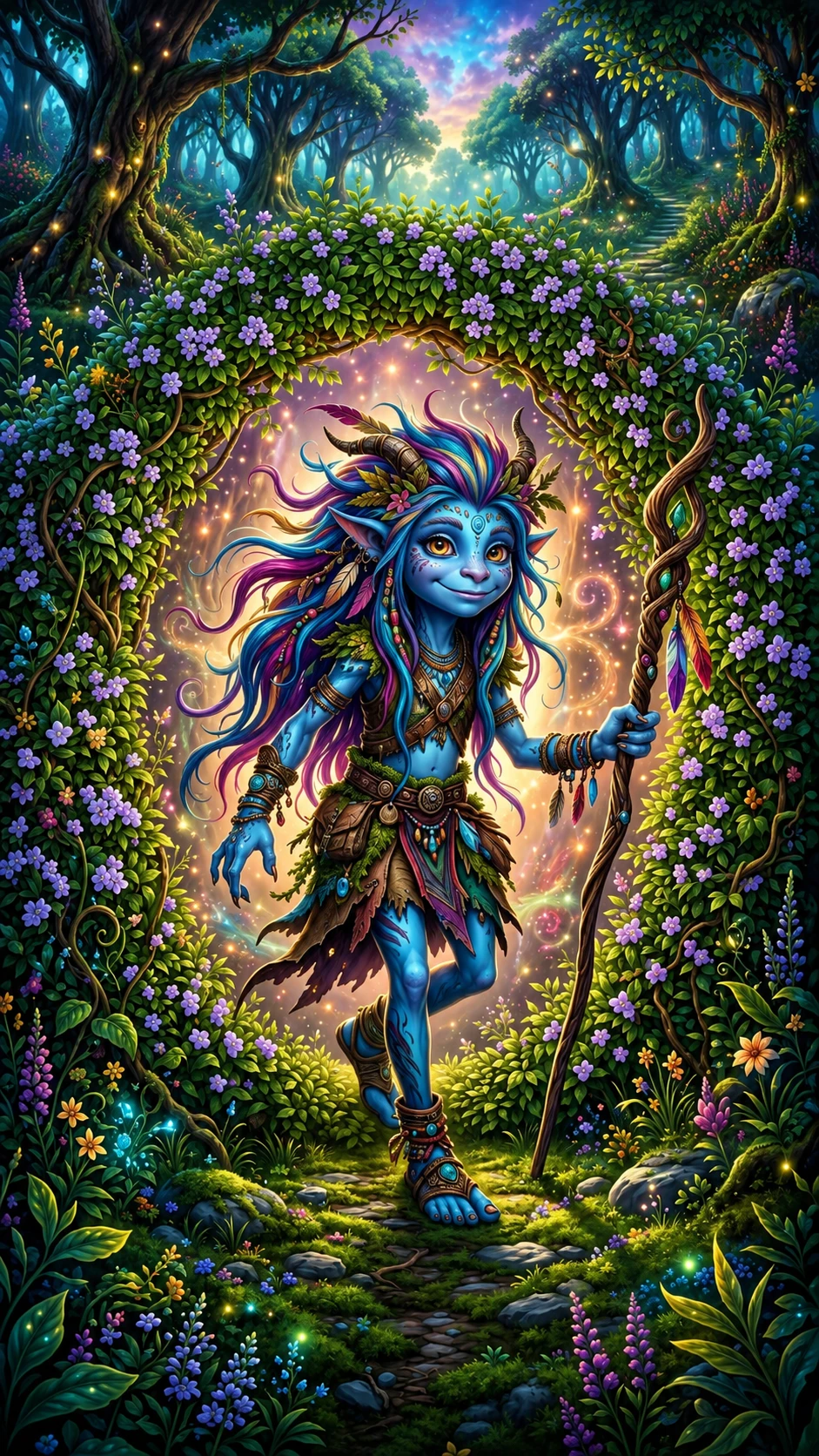Blue fantasy creature stepping from hedge into our world