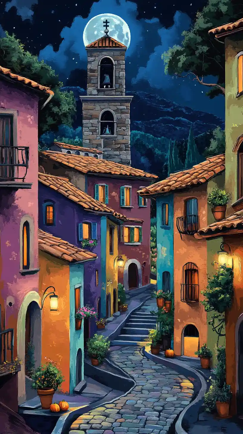Strada colorata di un villaggio europeo di notte con campanile