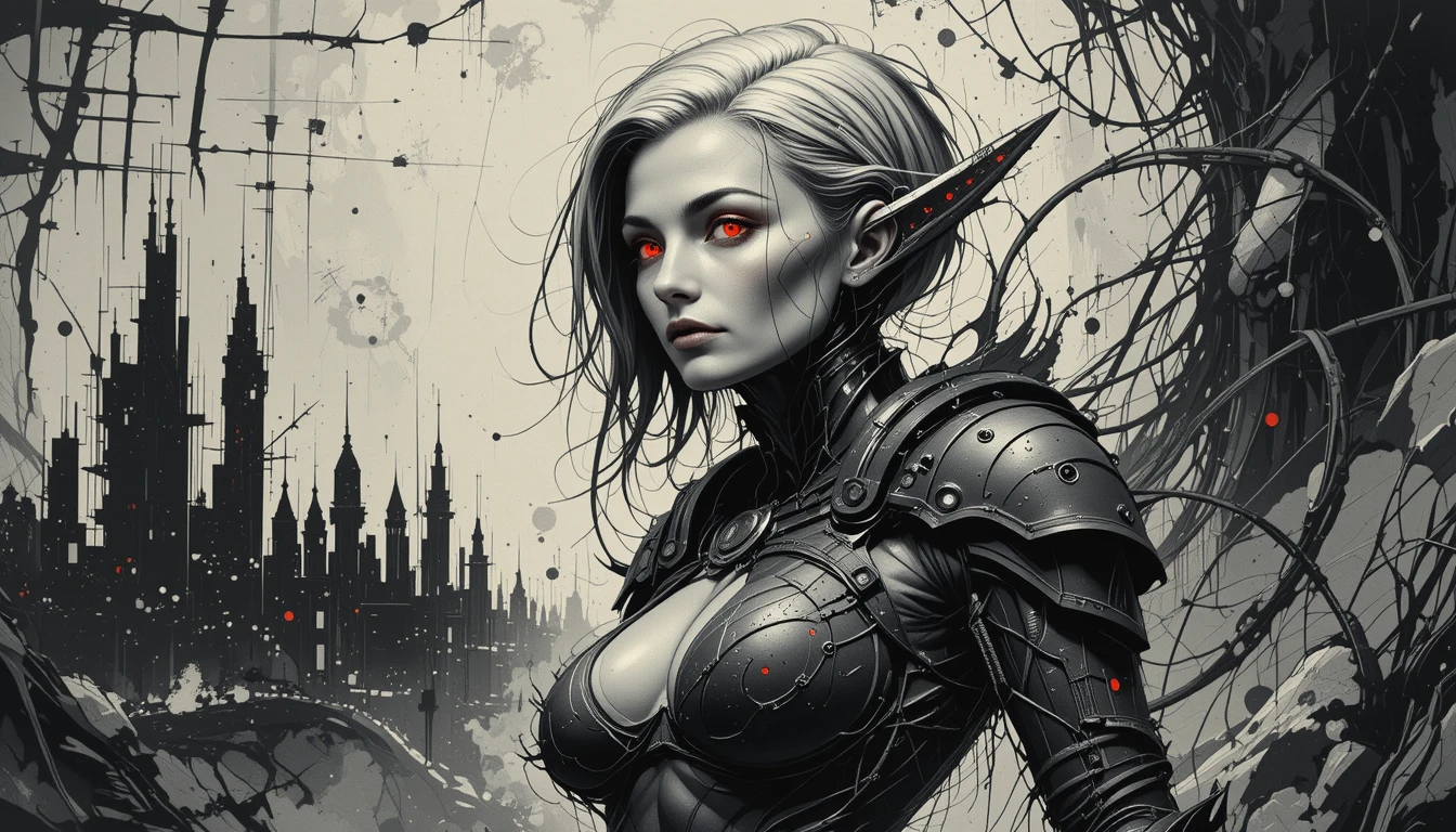 Alien Warrior Woman In Armored Gear Before Abstract City