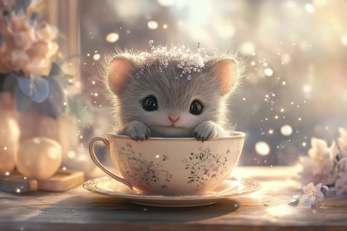 Adorable bebé quokka en taza de té vintage en una cocina acogedora