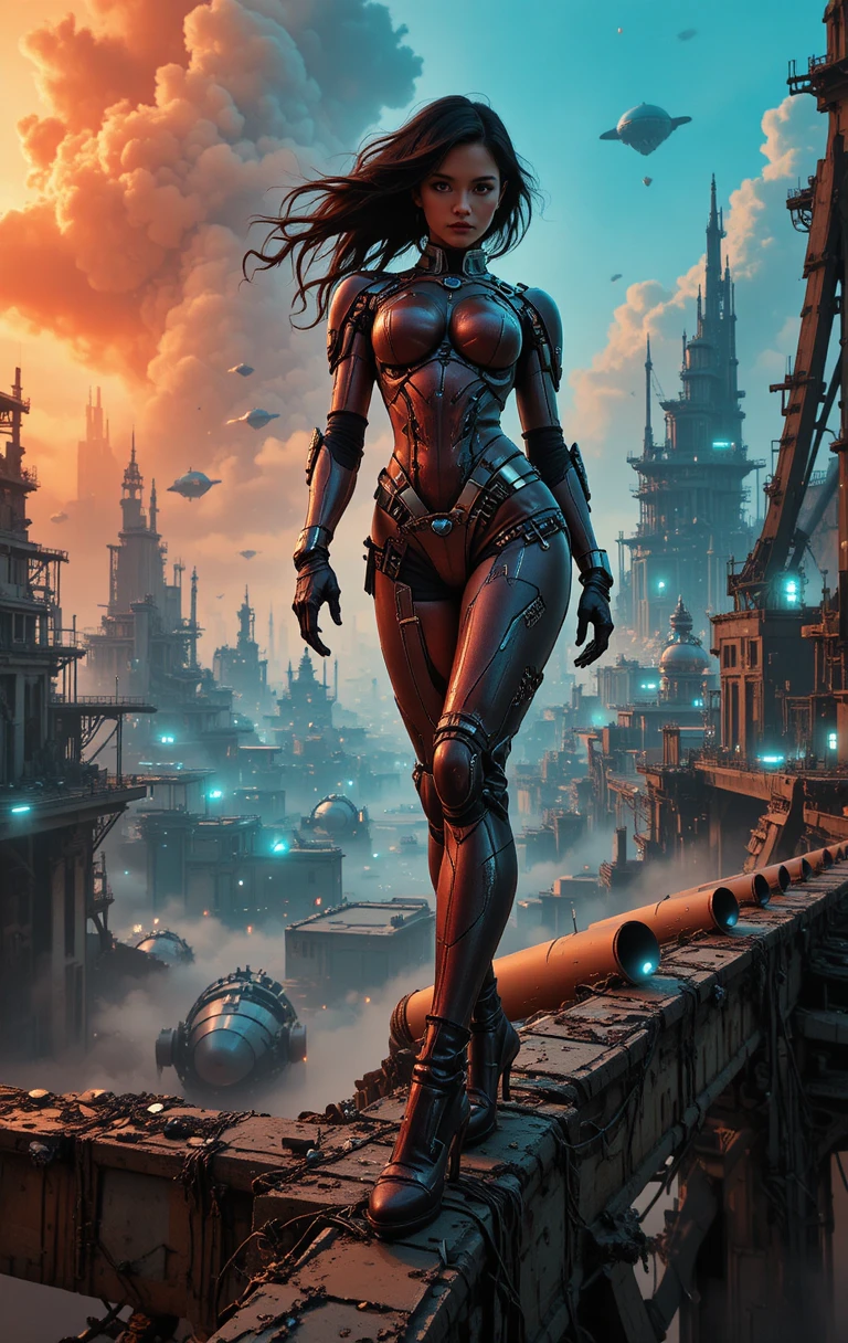 Heroic mecha pilot towering over a ruined cyberpunk gantry