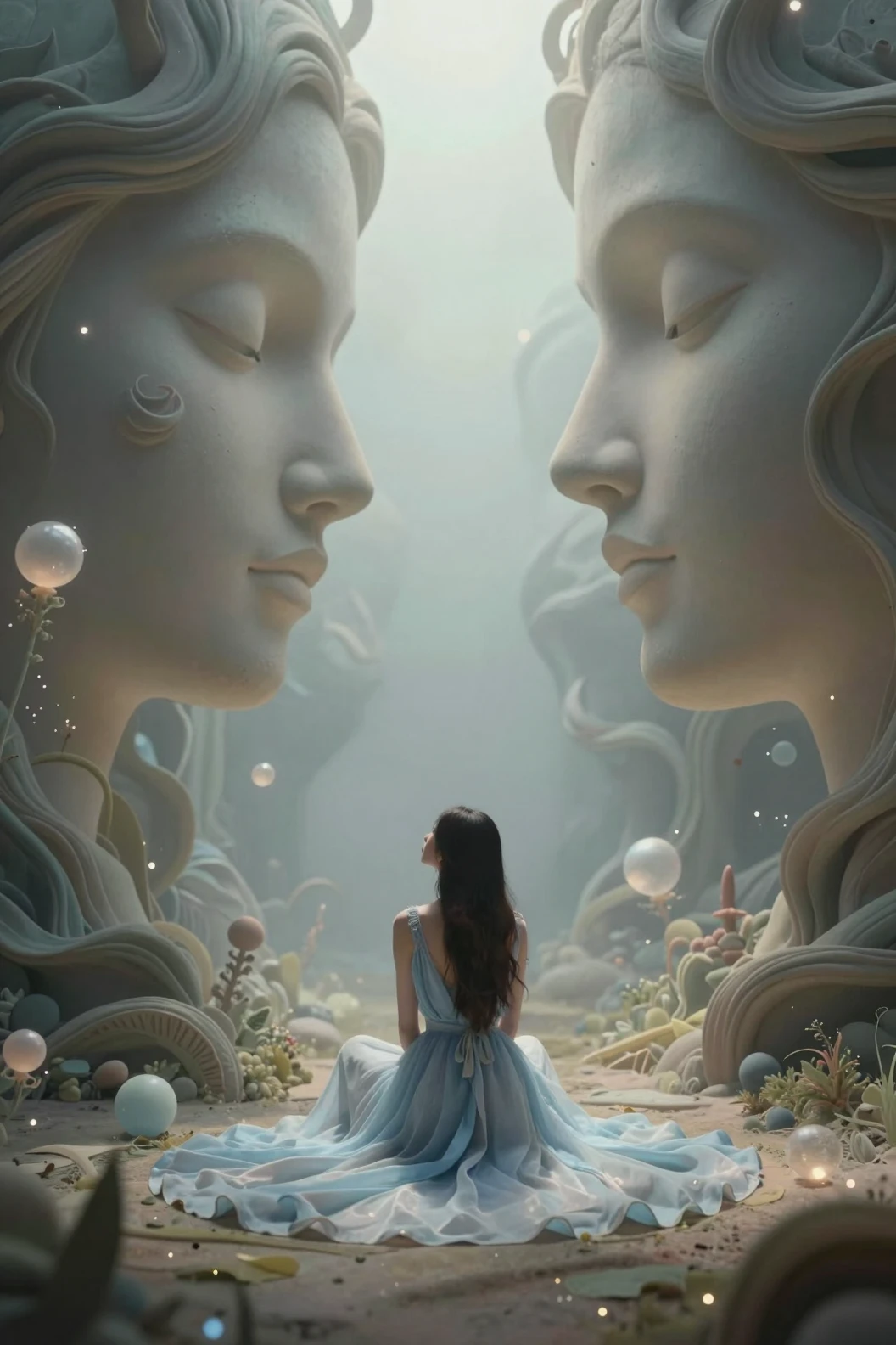 Girl In Blue Gown In Surreal Sculptural Dreamscape