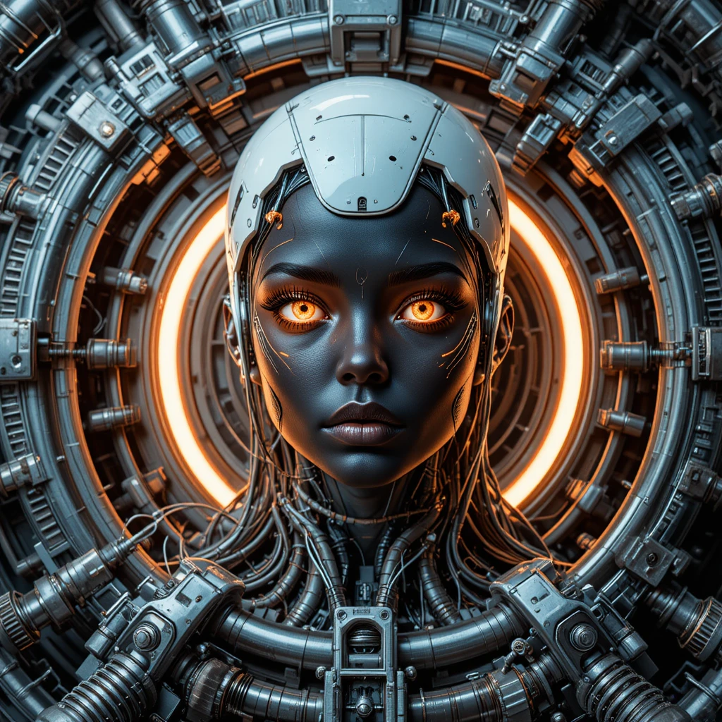 Futuristic cyborg woman portrait with glowing golden eyes