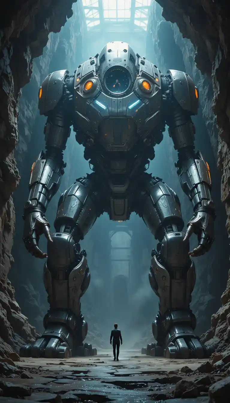 Gigantic futuristic tunnel boring mech inside rocky cavern