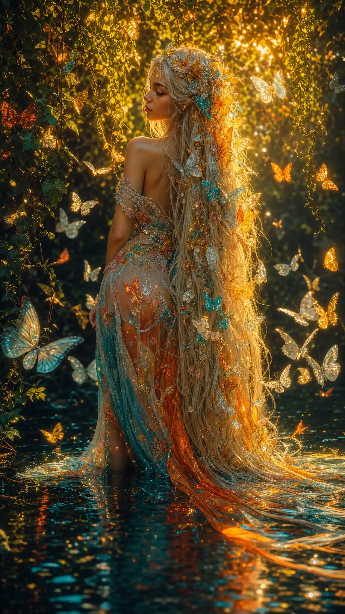 Wingless fairy surrounded by luminous butterflies at dusk