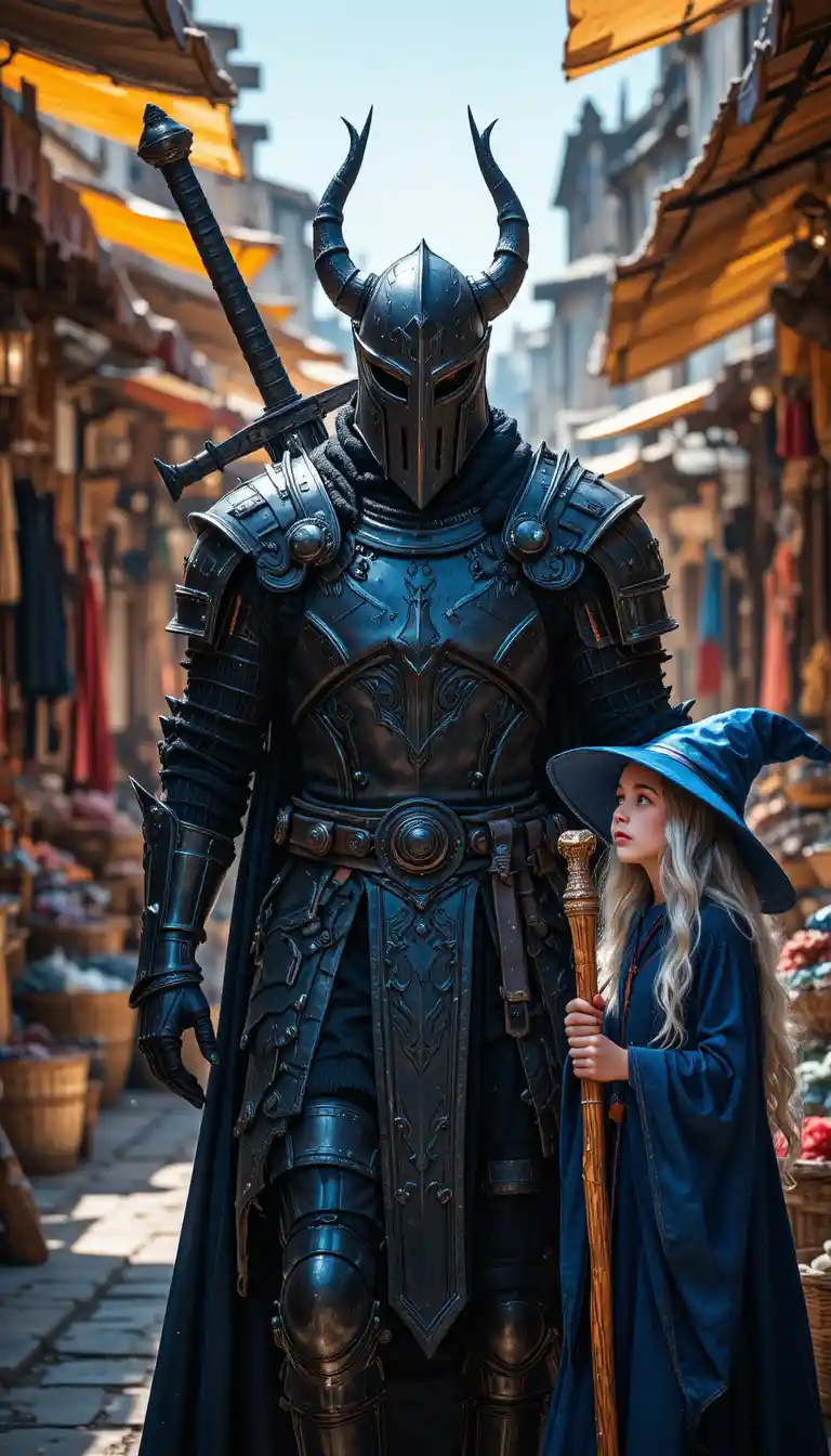 Dark armored knight walking through a bright medieval bazaar