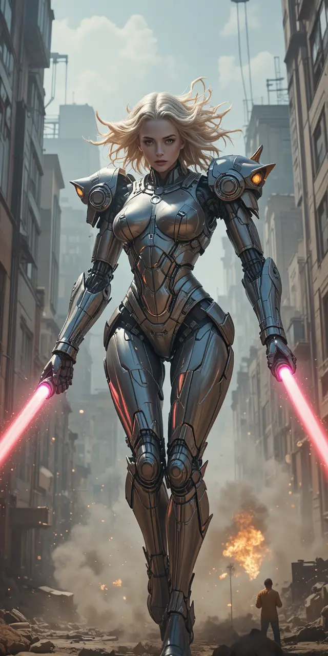 Gigante robô mecha feminino disparando lasers em uma cidade