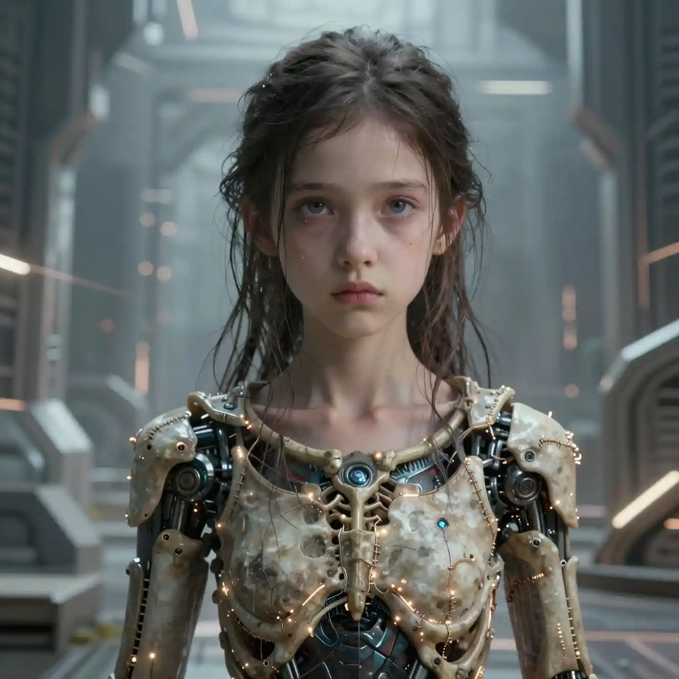 Solemn girl in a vast biomechanical hall of light