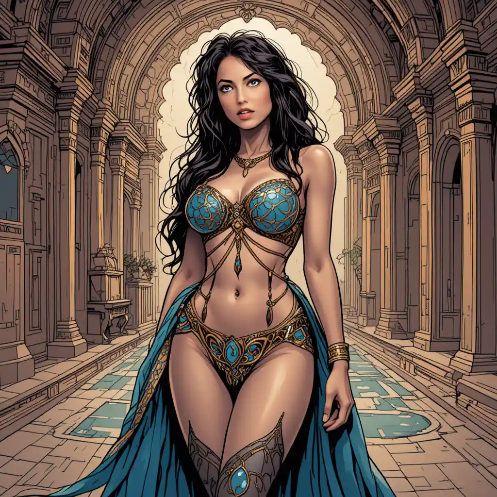 Curvy harem woman in lingerie at ornate arabian palace