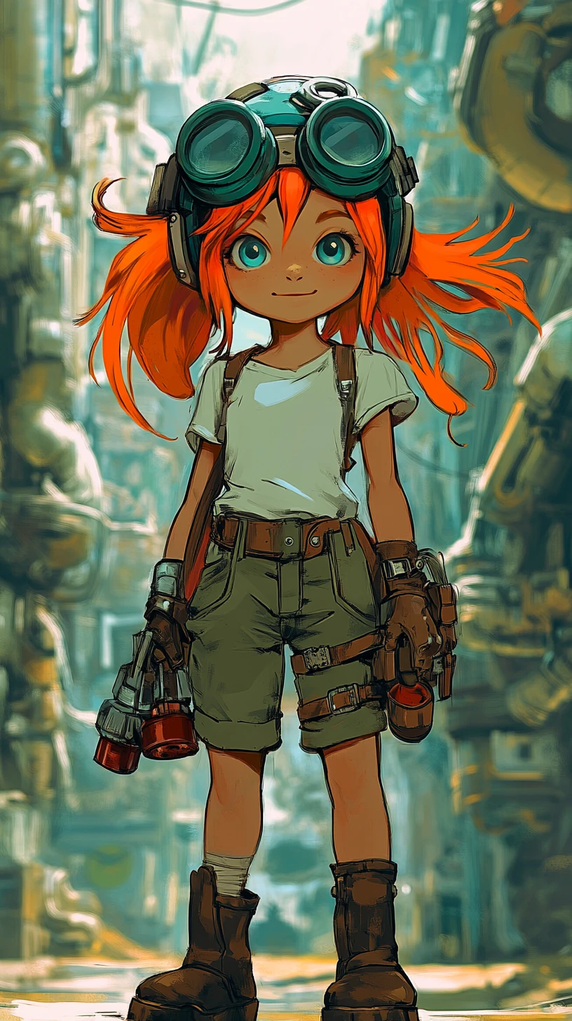 Ragazza esploratrice anime steampunk in una polverosa città industriale