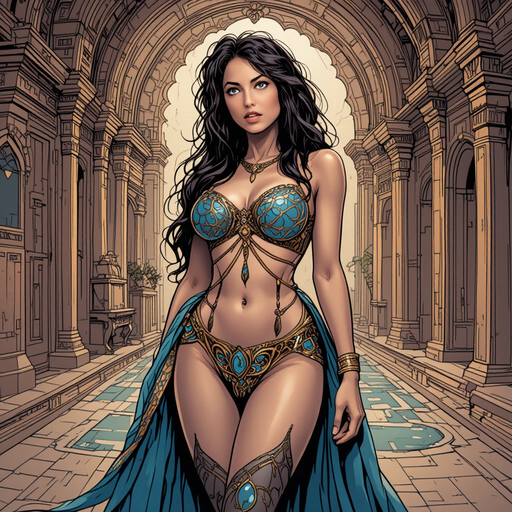 Curvy harem woman in lingerie at ornate arabian palace