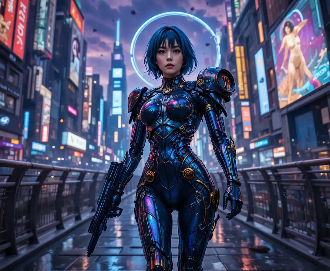 Cinematic portrait of a armored sci fi woman in neon city