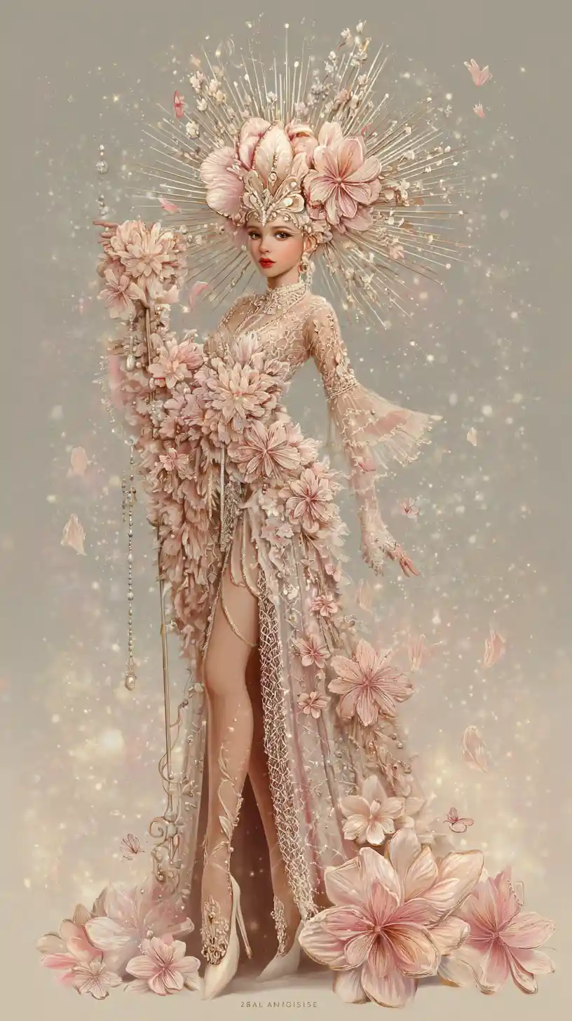 Pearl princess in pastel floral gown with lace sleeves