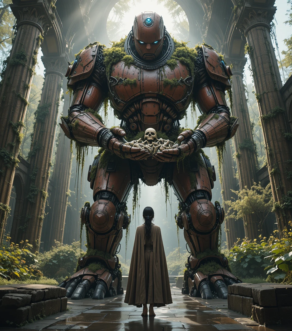 Giant vine covered robot offering bones to a cloaked woman