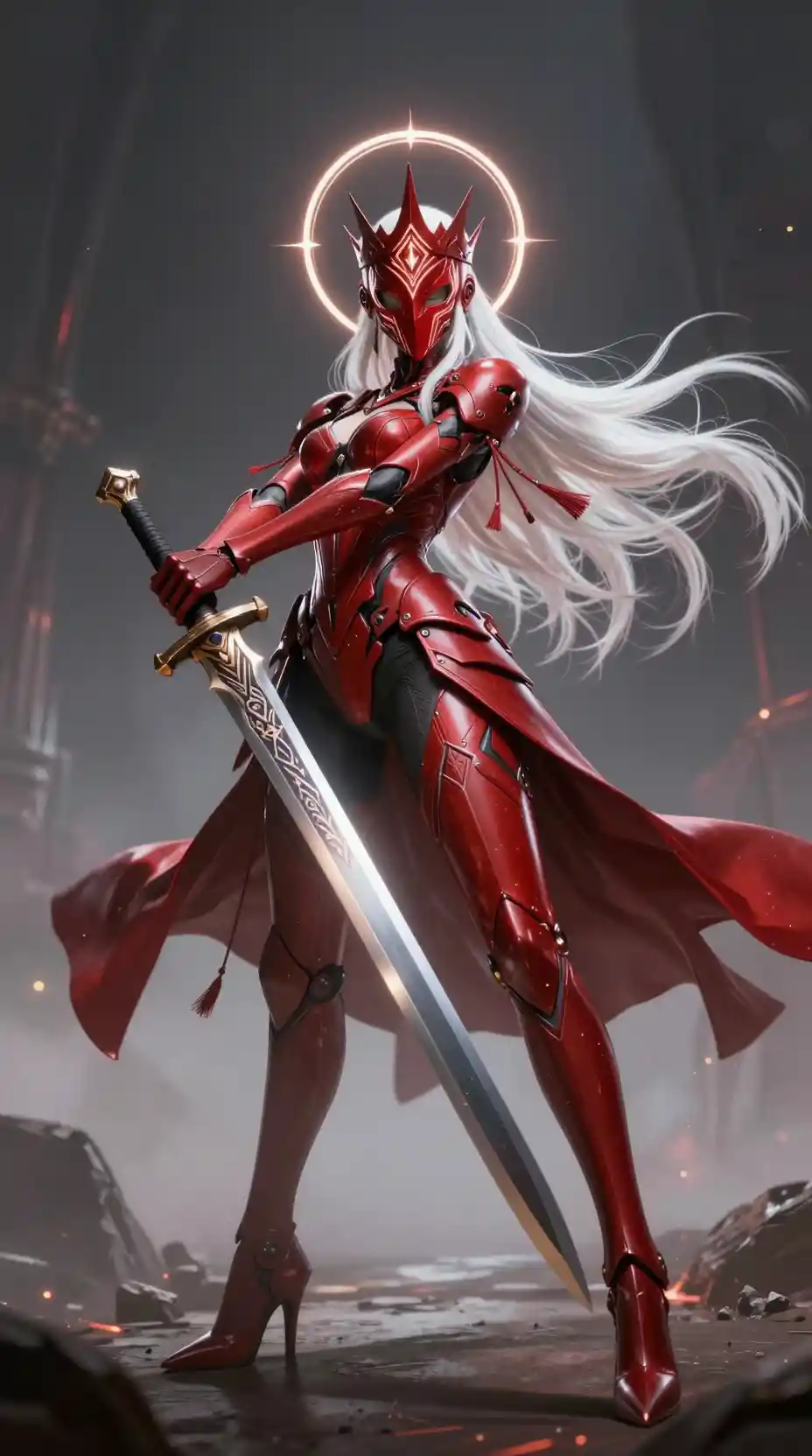 Cyberpunk mecha courtesan drawing a sword in gothic armor