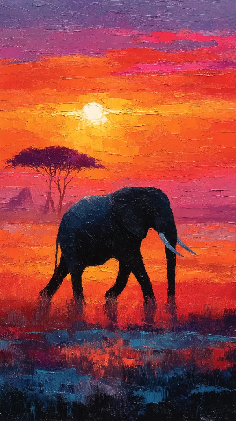 African elephant walking across savanna at glowing sunset