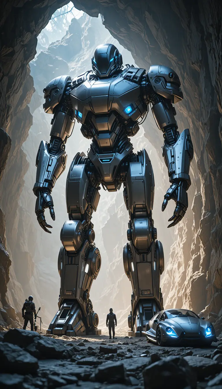 Gigantesco robot de acero futurista atravesando un túnel rocoso