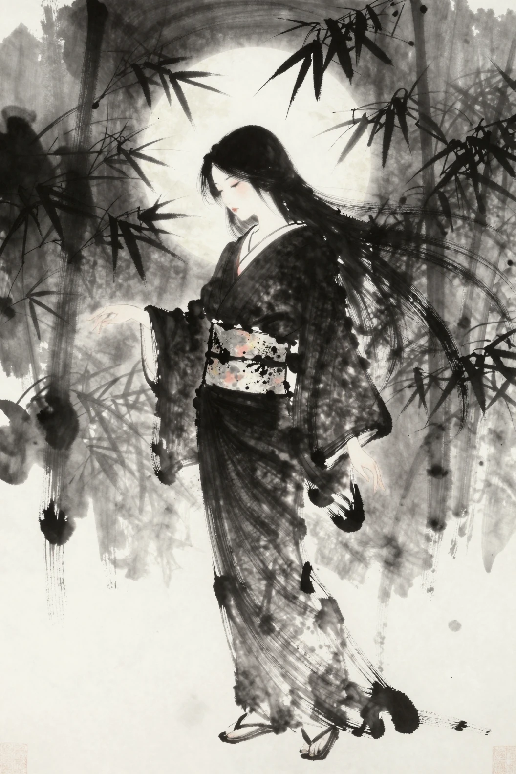 Elegant woman in ink wash before a moonlit bamboo grove