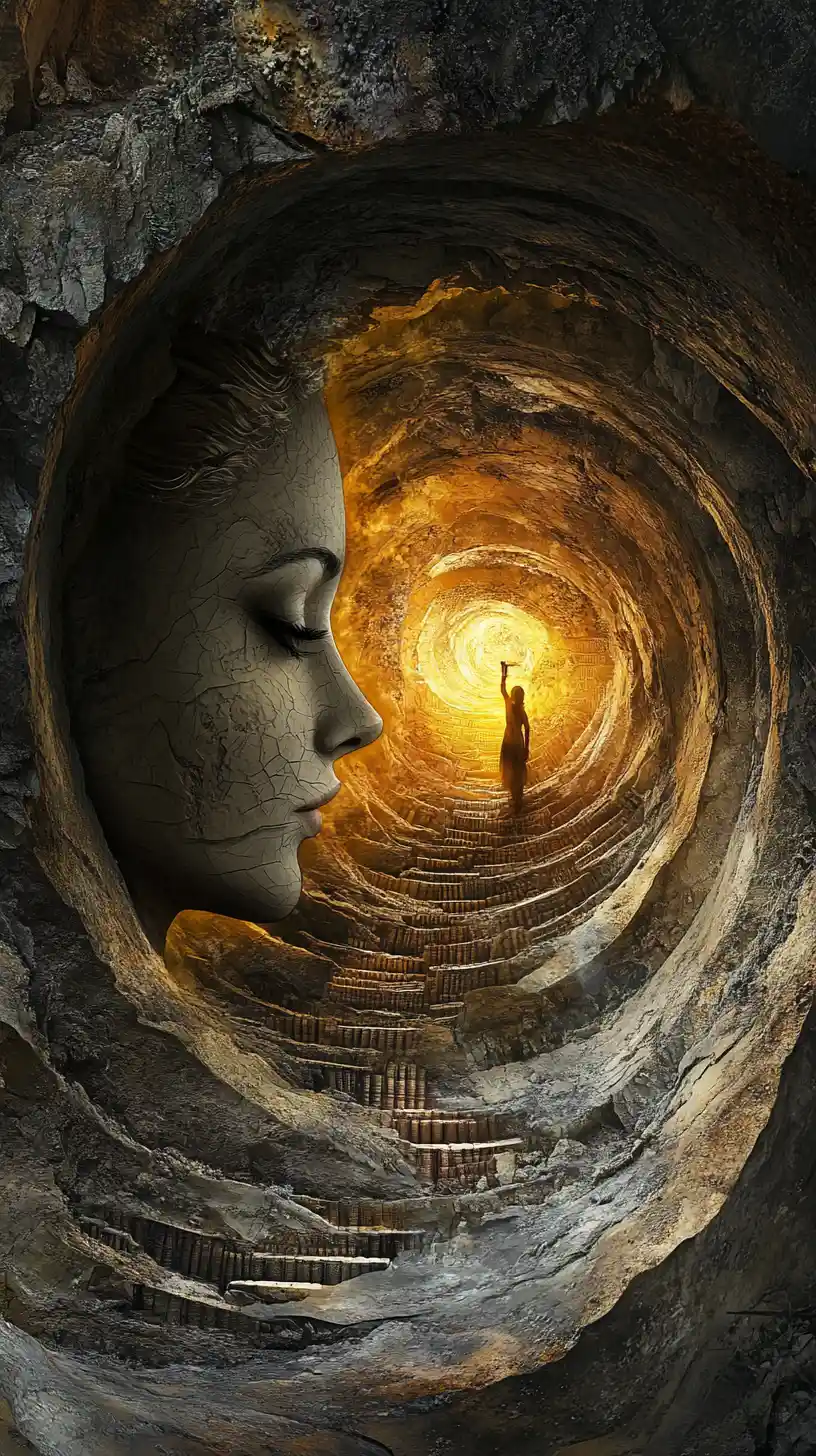 Surreal woman profile carved into roots above spiral library