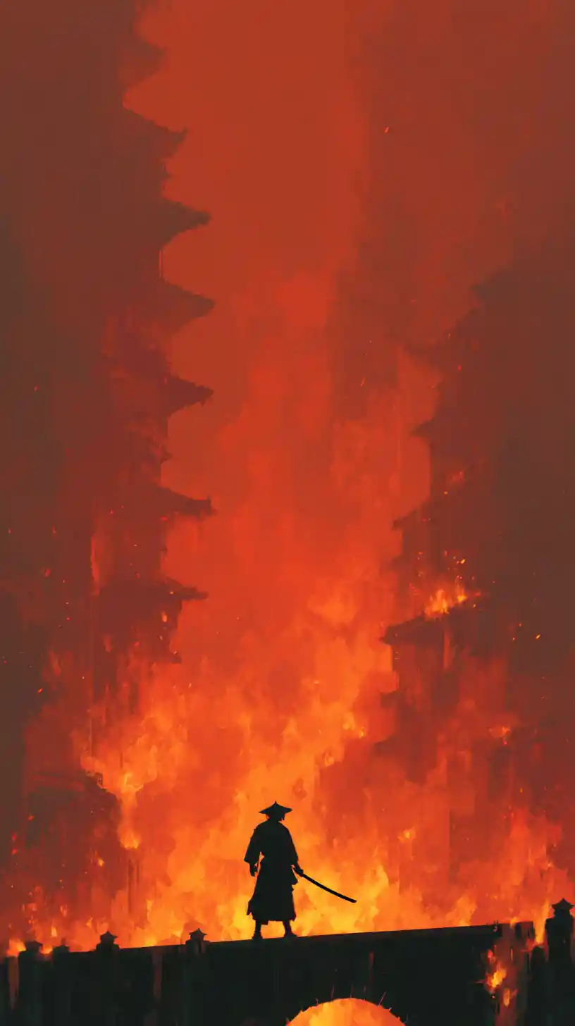 Lone samurai atop a burning castle under a fiery sky