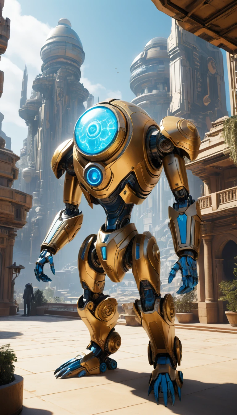Mechanical mentor creature guiding players in mirage city