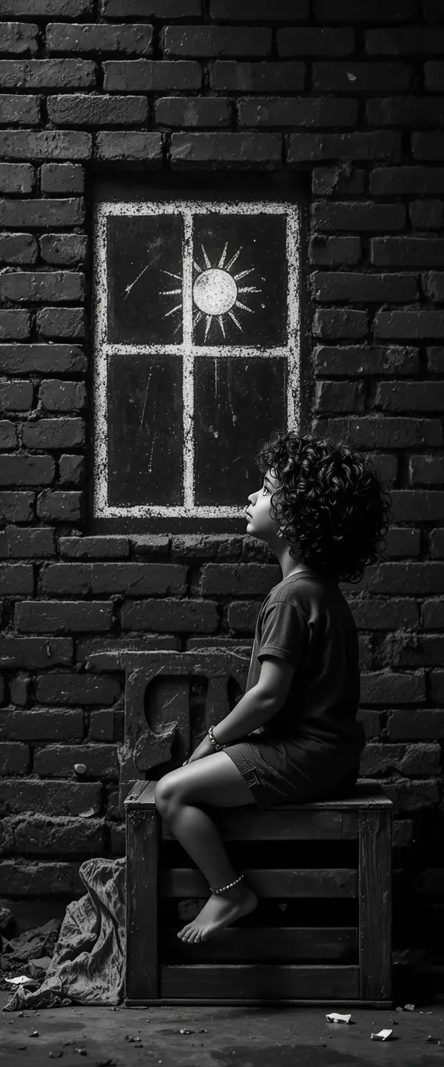 Enfant contemplant une fenêtre à la craie en noir et blanc