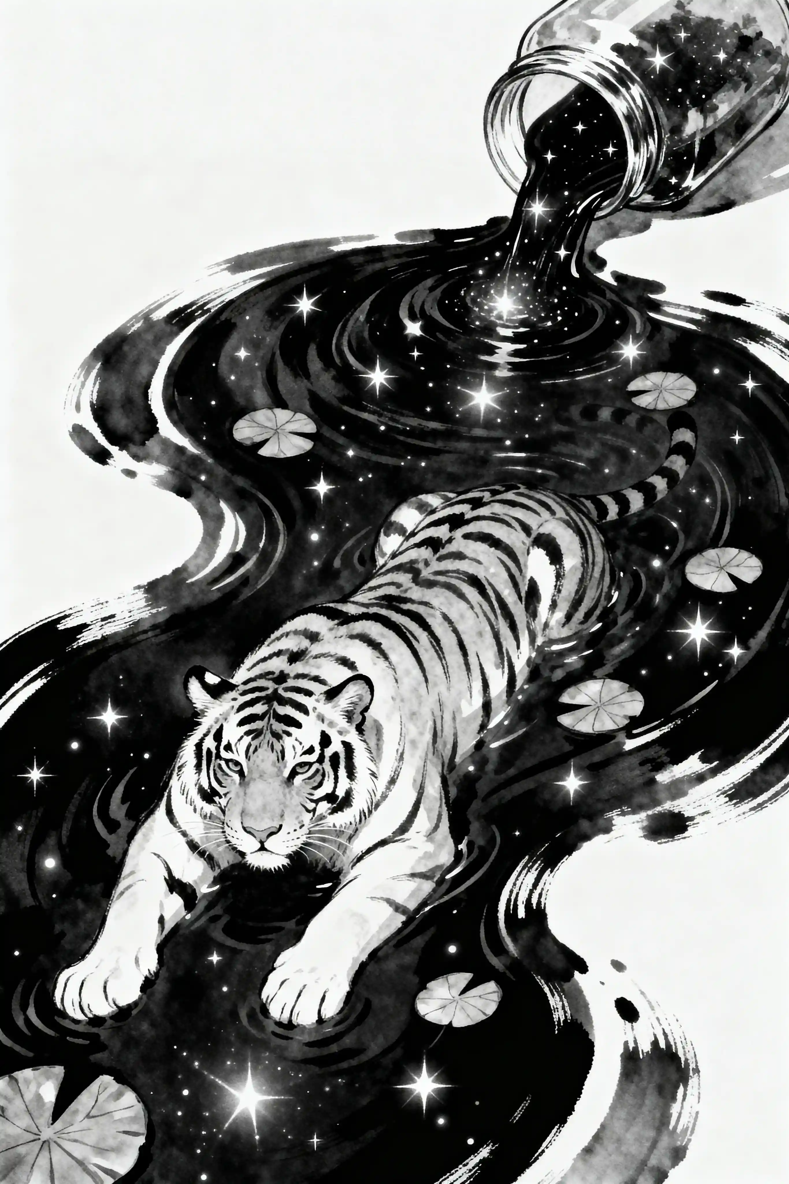 Tigre de tinta flotando en una piscina cósmica en espiral