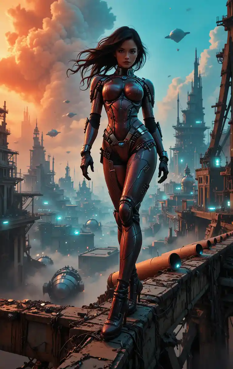 Heroic mecha pilot towering over a ruined cyberpunk gantry