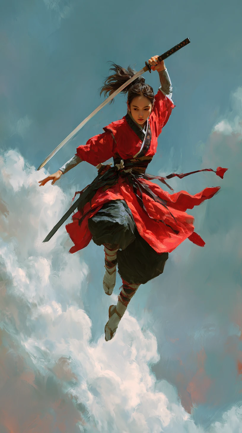 Guerrera volando por el aire con una espada