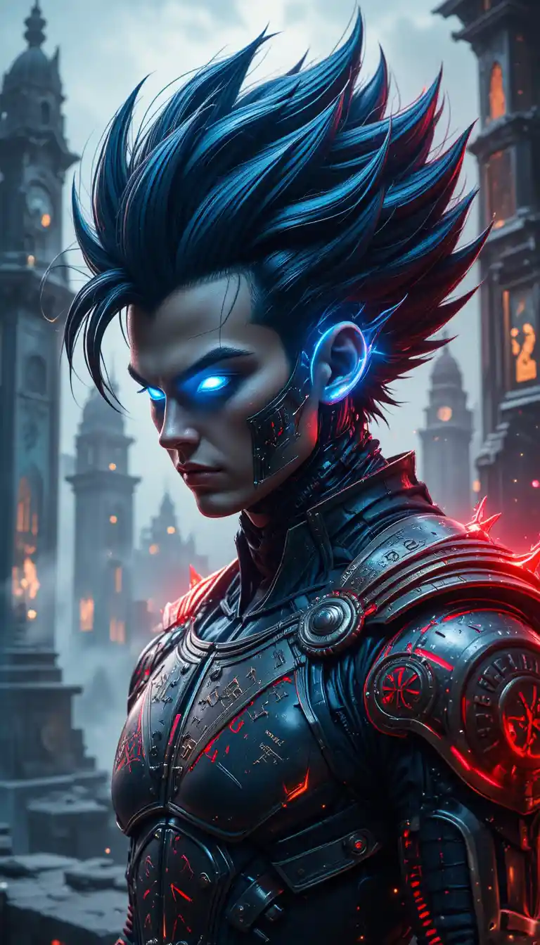 Porträt eines kybernetischen Kriegers mit leuchtend blauen Augen und Aura