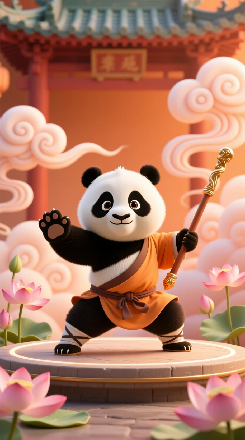 Verspielter Kung-Fu-Panda posiert auf Tempelplattform