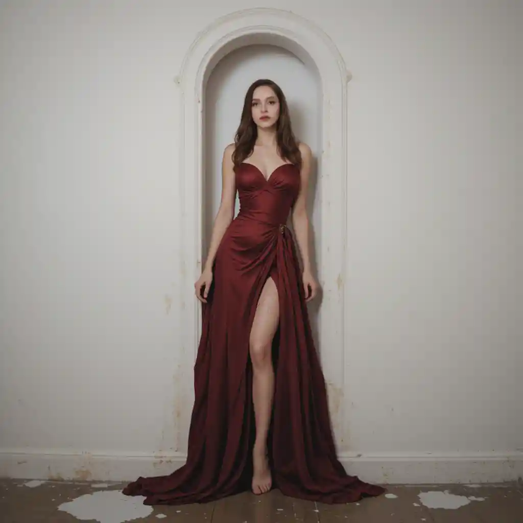 Young woman in long burgundy dress against white wall