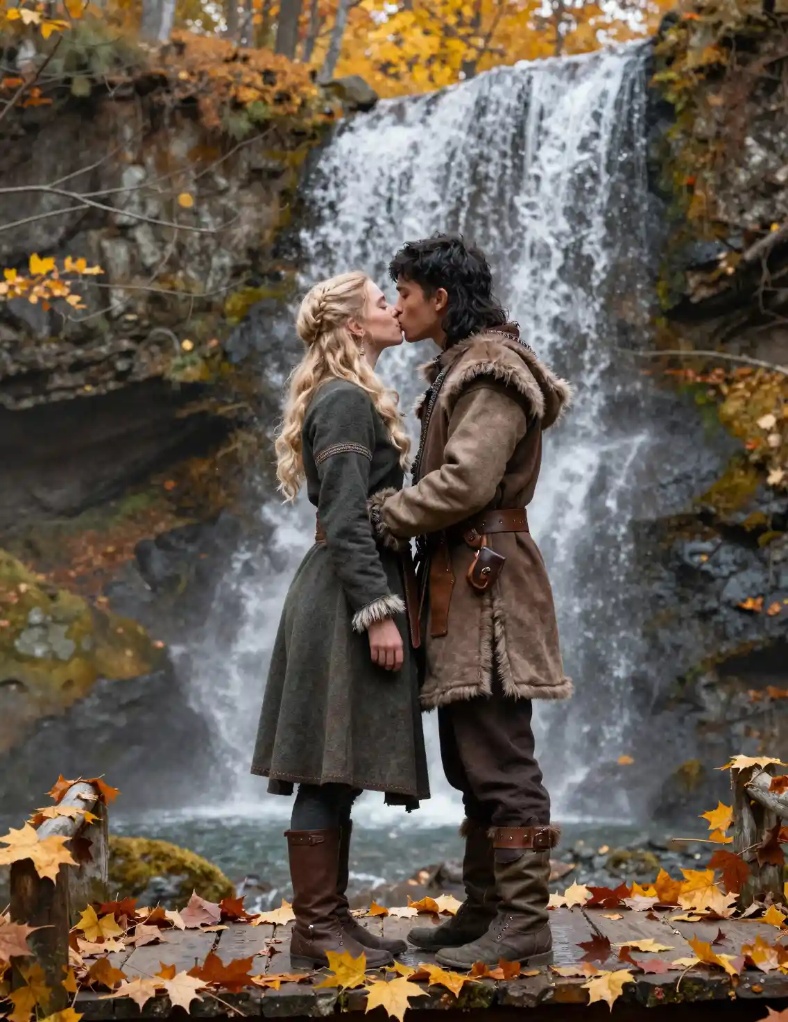 Mixed ethnicity couple kissing on autumn bridge by waterfall
