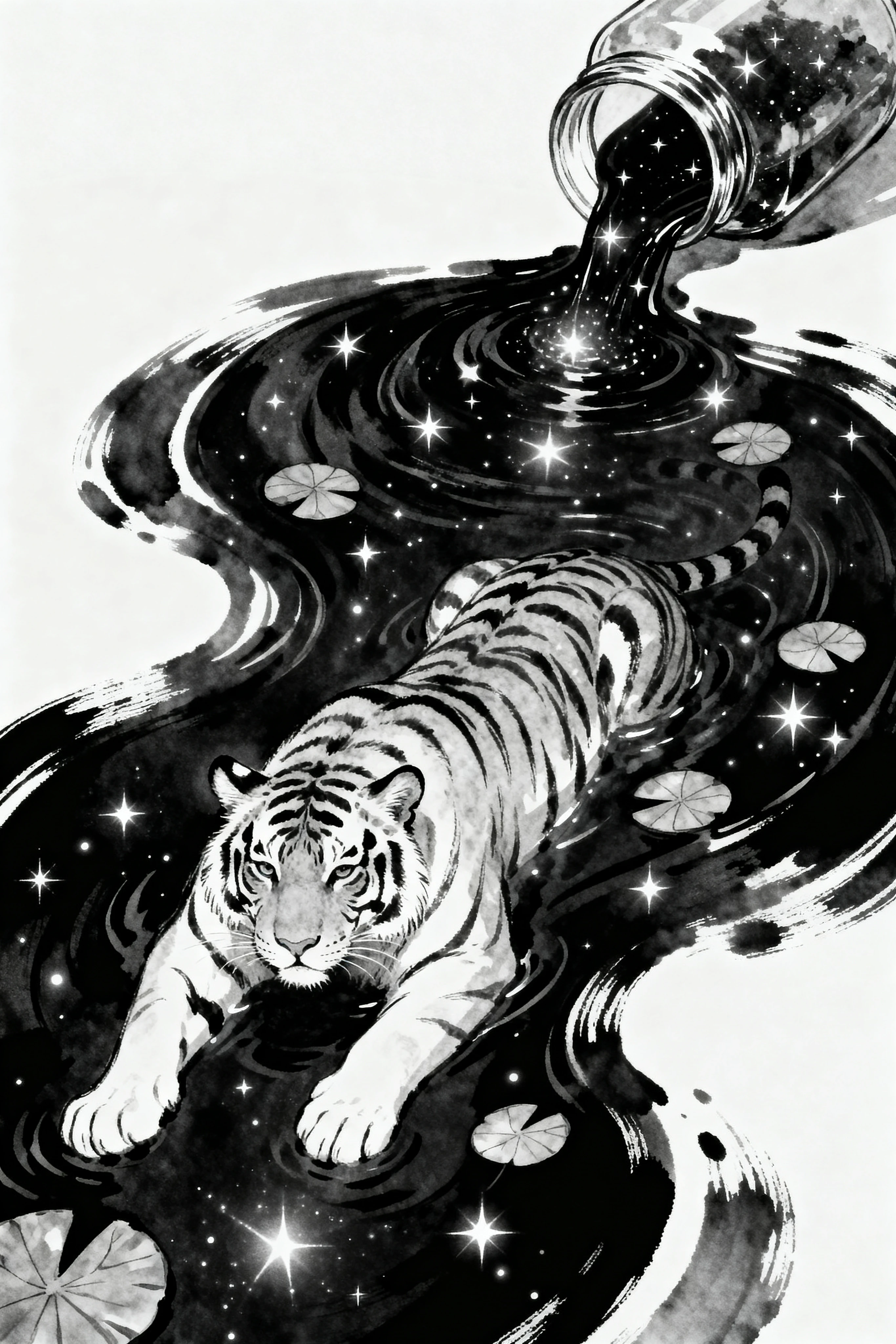 Tigre d'inchiostro che fluttua in una piscina cosmica turbinante