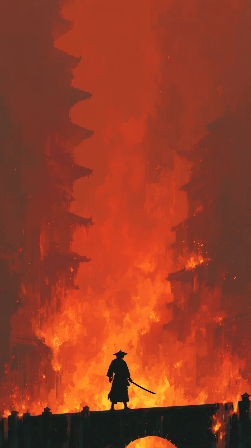 Lone samurai atop a burning castle under a fiery sky
